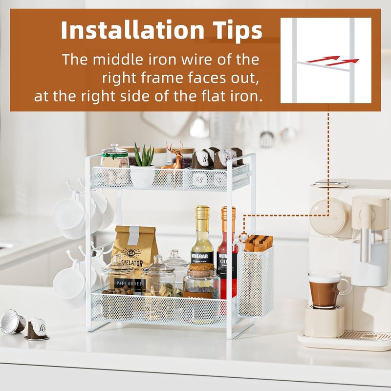 VITVITI Coffee Bar Organizer with Mug Holder, Metal Coffee Station Organizer for Countertop, 2 Tier Cup Mug Holders Rack with Basket for Kitchen Office, White - Image 2